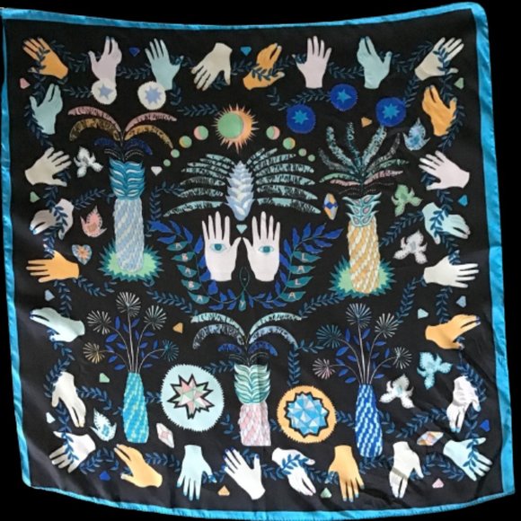 Accessories - Multicoloured satin scarf Motif: hands, stars, moon, sun, planets, pineapples